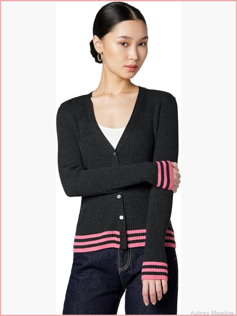 Slim V-Neck Cardigan With Contrast Stripe Hem - 100% Wool